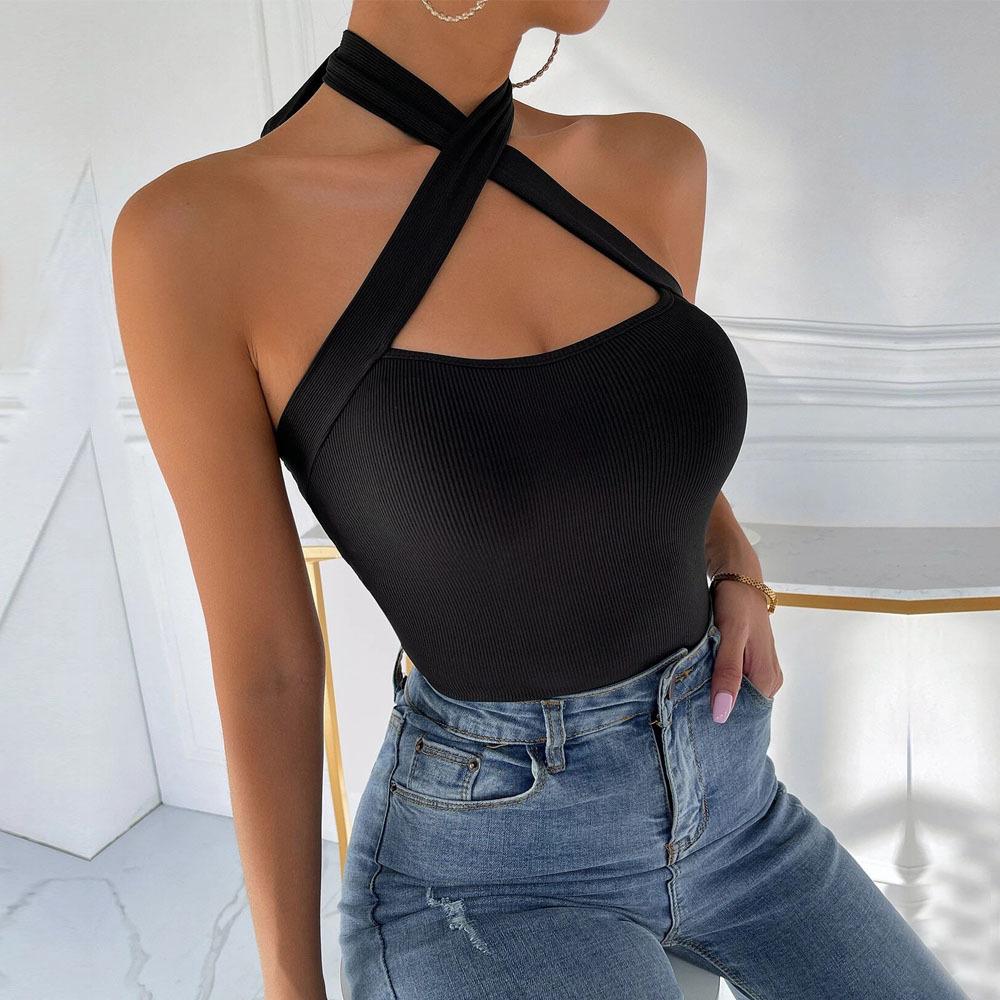 European and American women's clothing solid color neck cross small vest sexy slim slim top women's vest