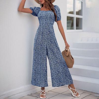 Женский комбинезон с квадратным вырезом, цветочным принтом, короткими рукавами и широкими брюками, летний повседневный комбинезон, цельный комплект для дома