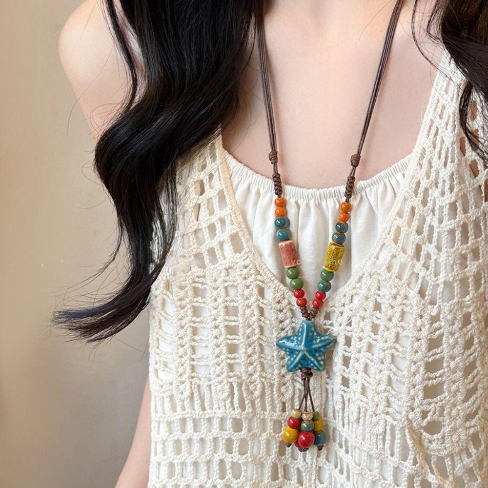 Tassel Long Sweater Chain Ceramic Bohemian Style Necklace Temperament Ethnic Style Necklace  Gift
