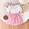 Милый комплект для девочек 2025 года, летний детский модный комплект с цветочным декором и коротким рукавом + юбка