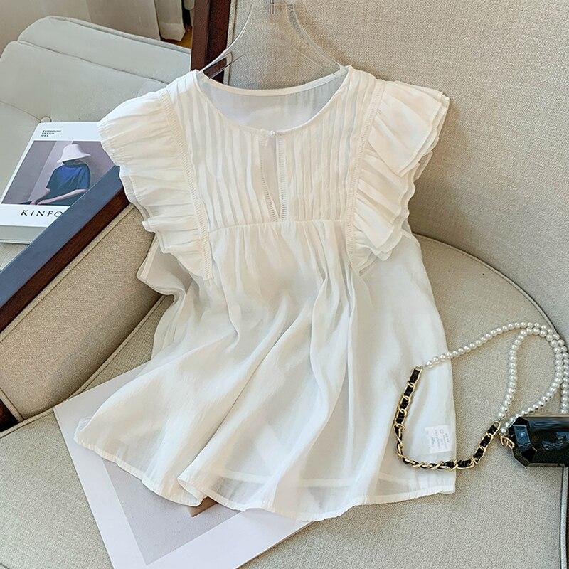 Летняя женская рубашка без рукавов с рюшами, элегантная корейская плиссированная хлопковая блузка, женские однотонные повседневные топы с круглым вырезом, свободные Blusas 26891