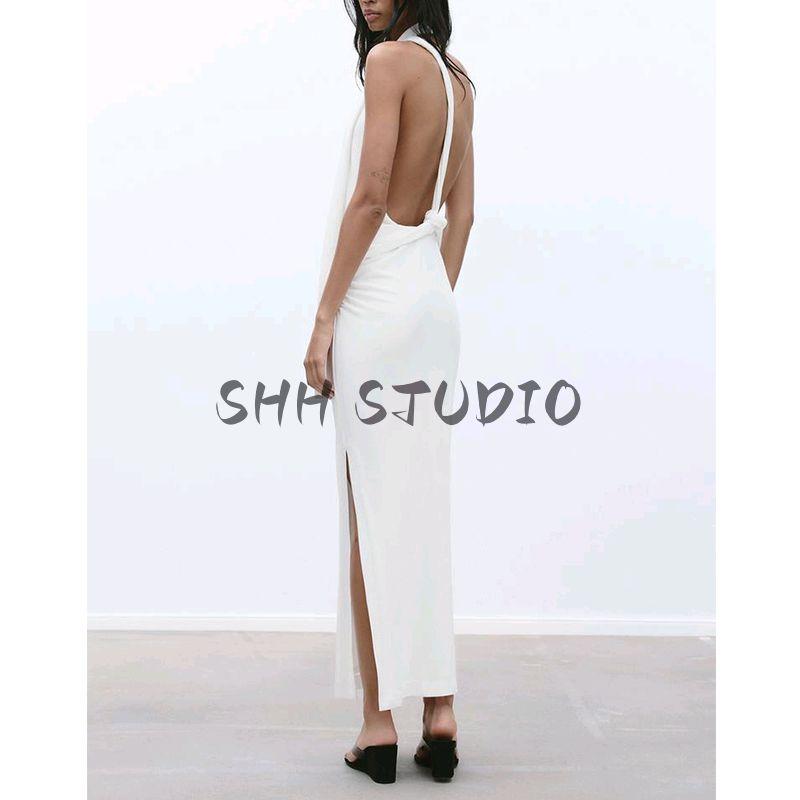 Spring New Women's Clothing Fashion Wind Hanging Collar Bowknot Decoration Open Back Midi Skirt Dress 2180374