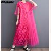 Dimanaf Dress Women 2025 New Plus Size Summer Style Mesh Short Sleeve Chiffon Oversize Solid Loose Basic Dresses Yellow A