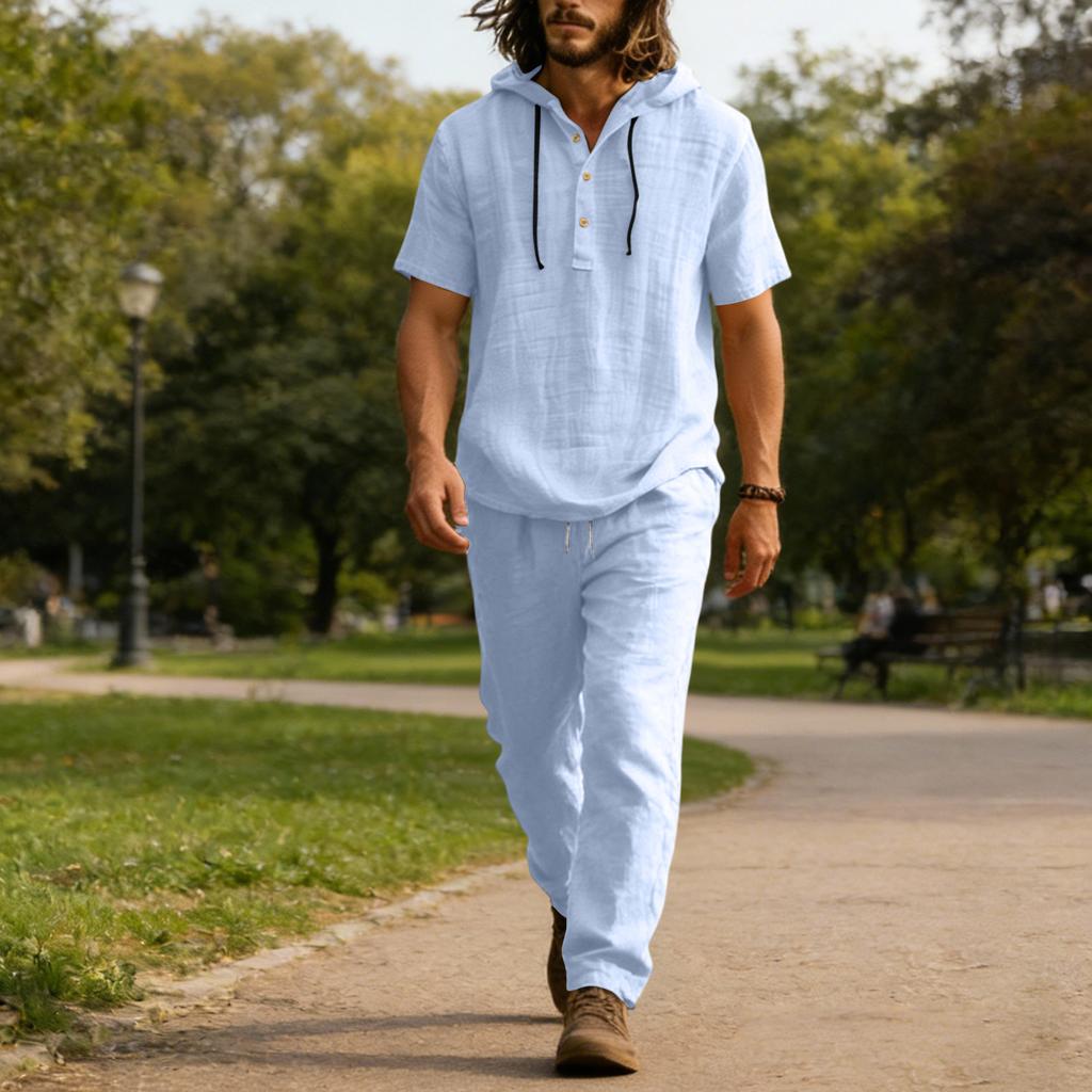 Мужской повседневный льняной комплект, Рубашка на пуговицах, Брюки с эластичным поясом и кулиской, Свободные, Удобный комплект из двух предметов