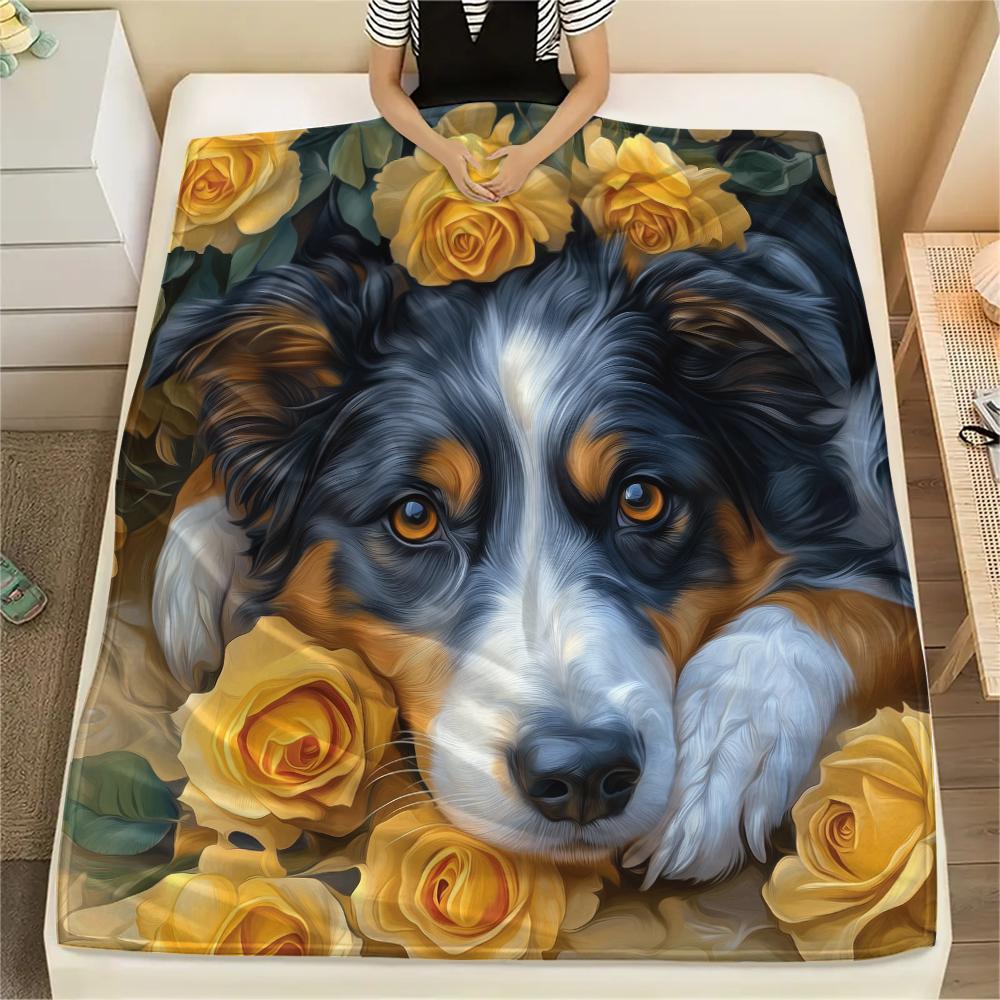 Australian Shepherd and Roses,pattern Flannel Blanket, High quality Comfortable for All Seasons, Home Decor, Warmth and Comfort, Perfect for Gifts.