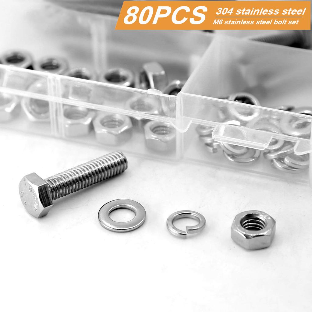 620pcs, 176pcs, and 80pcs of 304 Stainless Steel Outer Hexagon Bolts, Nuts, and Washer Sets.