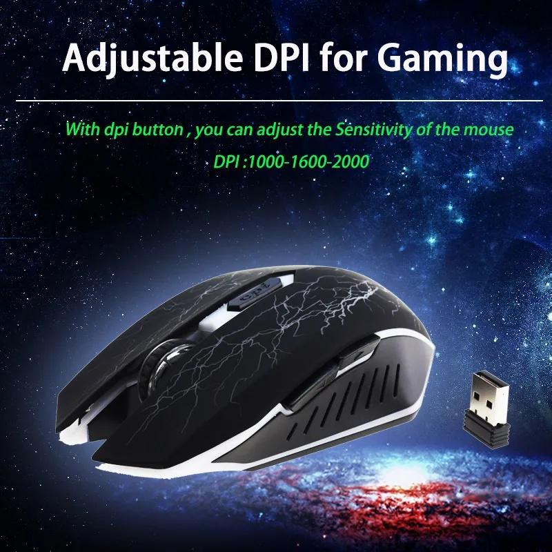 Перезаряжаемая светодиодная беспроводная игровая мышь USB 2.4Ghz 2000 DPI Gamer Optical 10m Muoses для настольного ПК ноутбука