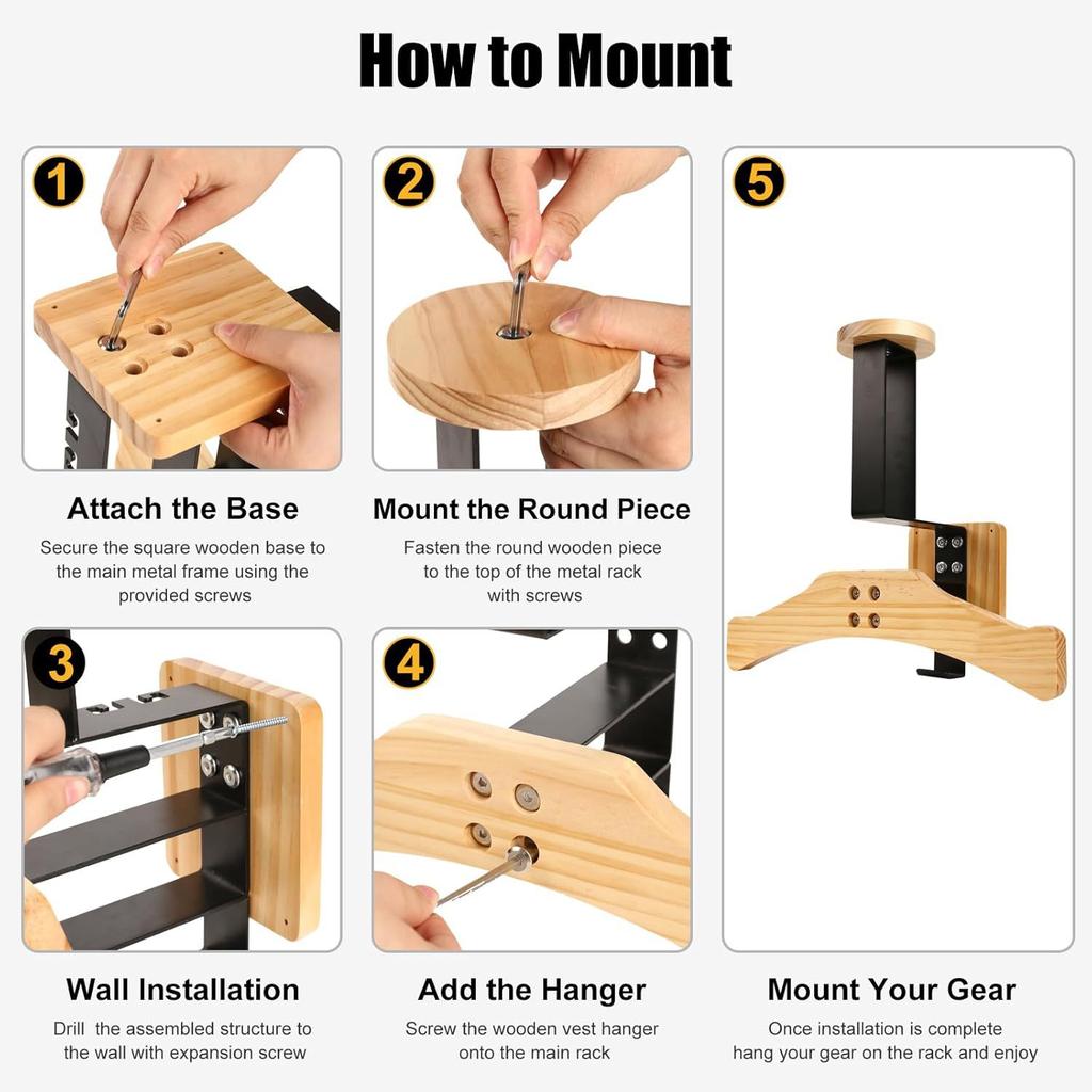 Stainless Steel Wall Mount Motorcycle Helmet Holder Wooden Storage Organizer for Tactical Gear Vests Accessories 7