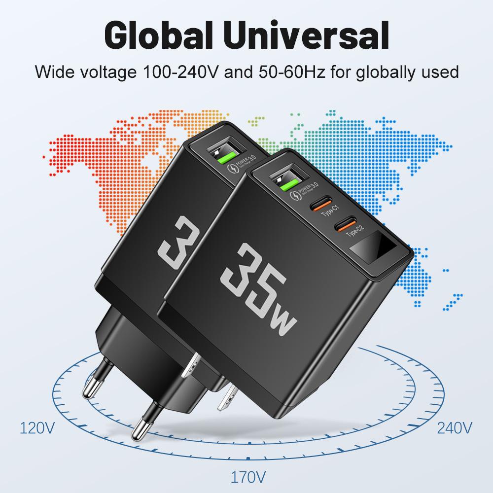 Умное USB-зарядное устройство 3,5 А с 2 портами PD и цифровым дисплеем для мобильных телефонов, дорожное