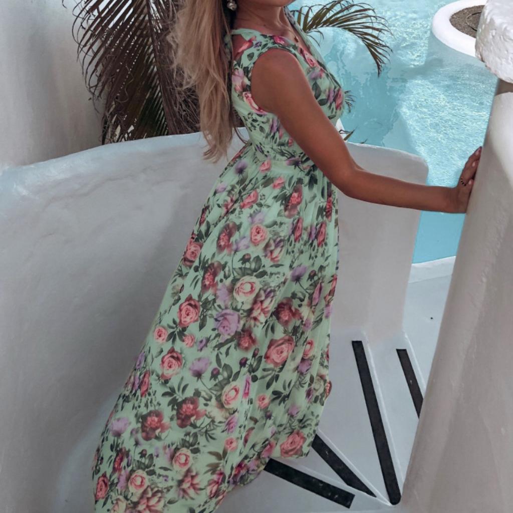 2025 Новое весенне-летнее печатное шифоновое платье без рукавов для отдыха на пляже с разрезом, длинное платье