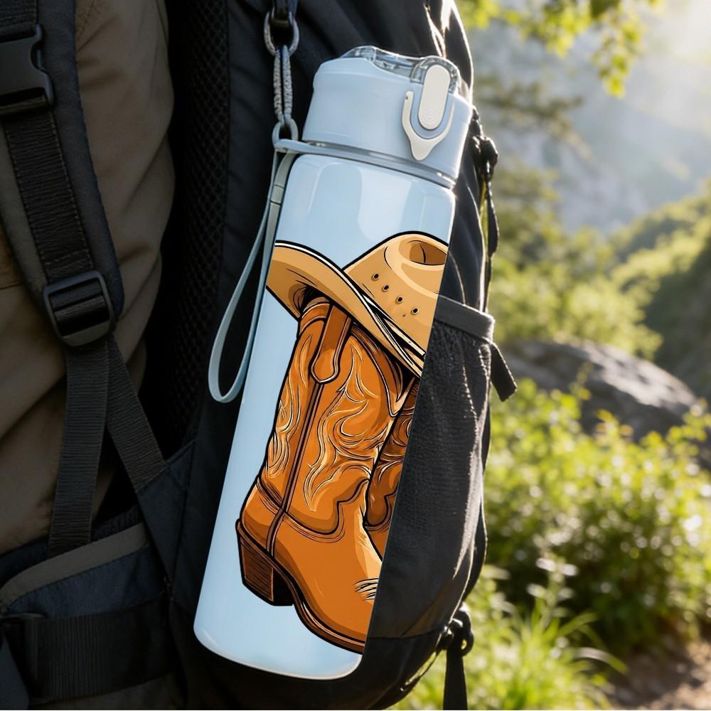 1PC Cowboy Western Leather Boot Art 750ml Color Plastic Sports Water Bottle Leakproof Flip Straw Lid Suitable for Sports Office Home Use
