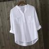 Plus Size Women's White Shirt with Three-quarter Sleeves, Loose Casual Design, V-neck Lining