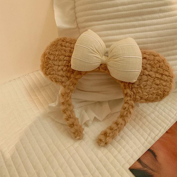 Cute Bow Bear Plush Headband for Women - Korean Style Cartoon Ear Hair Accessory for Autumn and Winter Face Washing