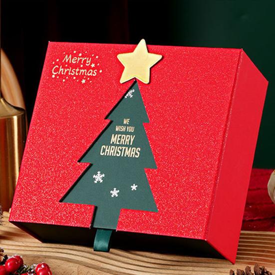 Christmas Gift Box Xmas Eve Red Gift Box with Tree Pattern Presents Wrapping Container for Holiday Decoration