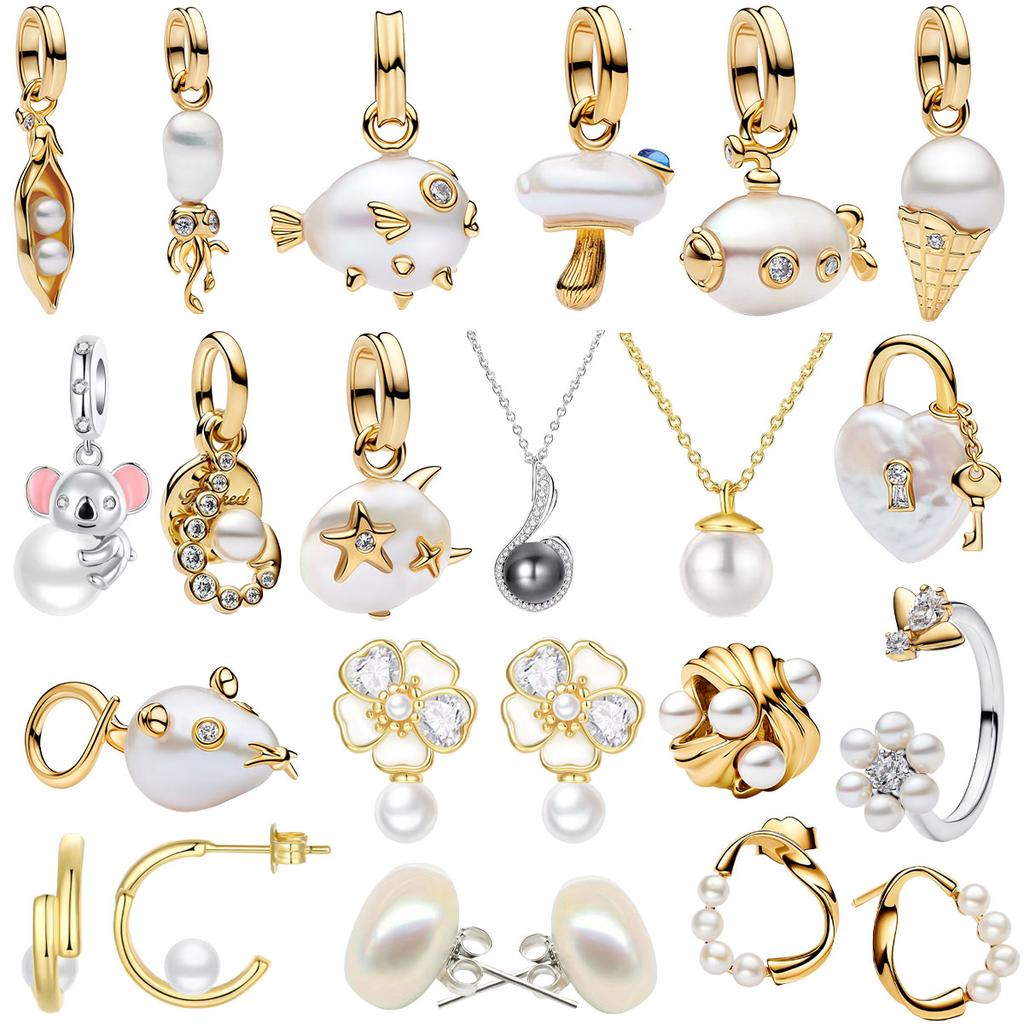 New 925 Silver Pearl Set Charms Ring Fish Flower Earrings Bead Pendant Fit Bracelet Necklace Jewelry Gift