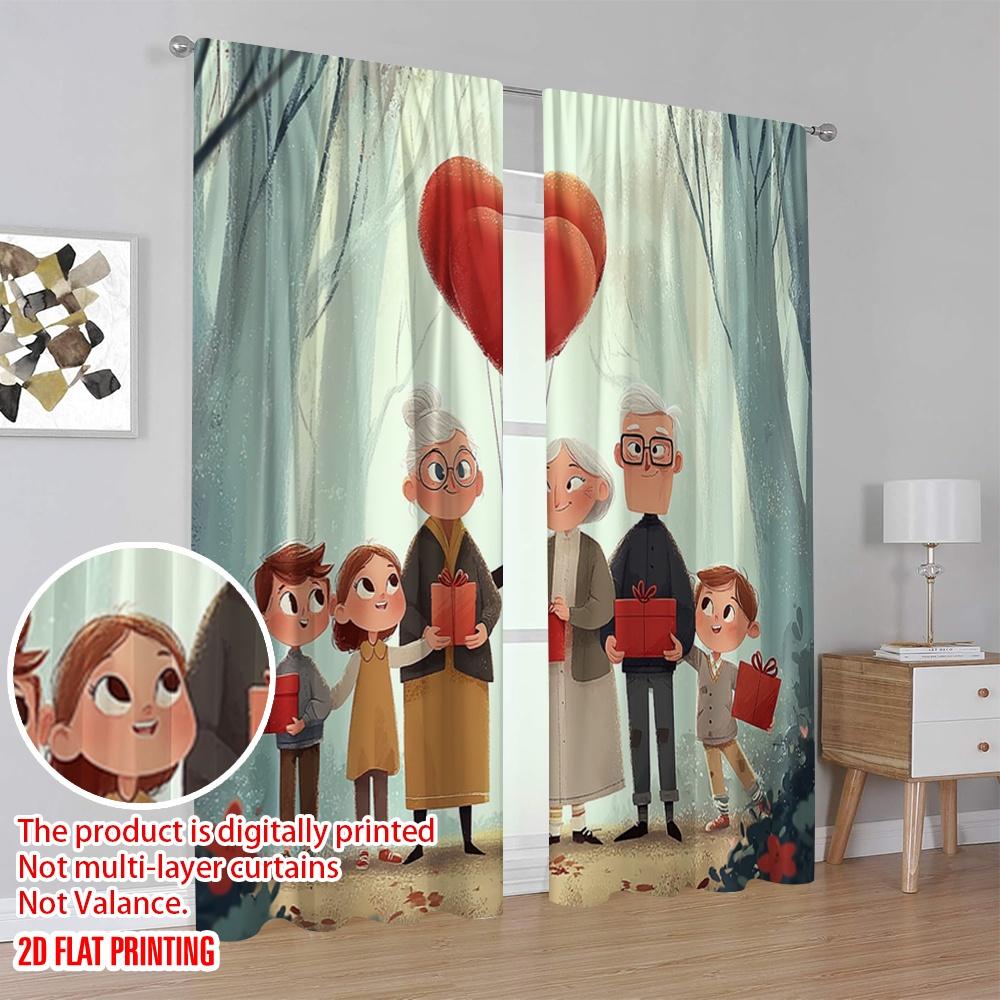 2Pcs,2D Plane Printing Window Curtain Boster Family Love Versatile Fabric (Without Rod) All Seasons Use For Living Room & Office