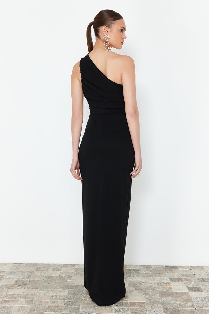 Women's Fashion New Evening Dress & Graduation Dress Black Fitted Single Sleeve Knitted Long Evening Dress