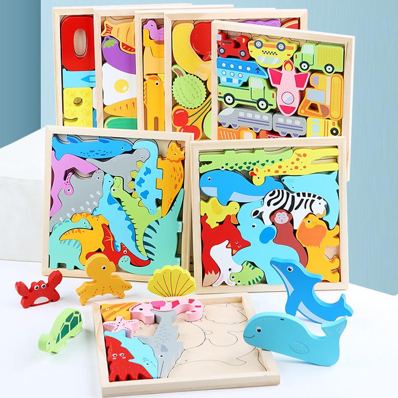 Cartoon Animal Three-dimensional Jigsaw Puzzle Children's Wooden Puzzle Early Education Hand Grasping Board Fruit and Vegetable Transportation Toy