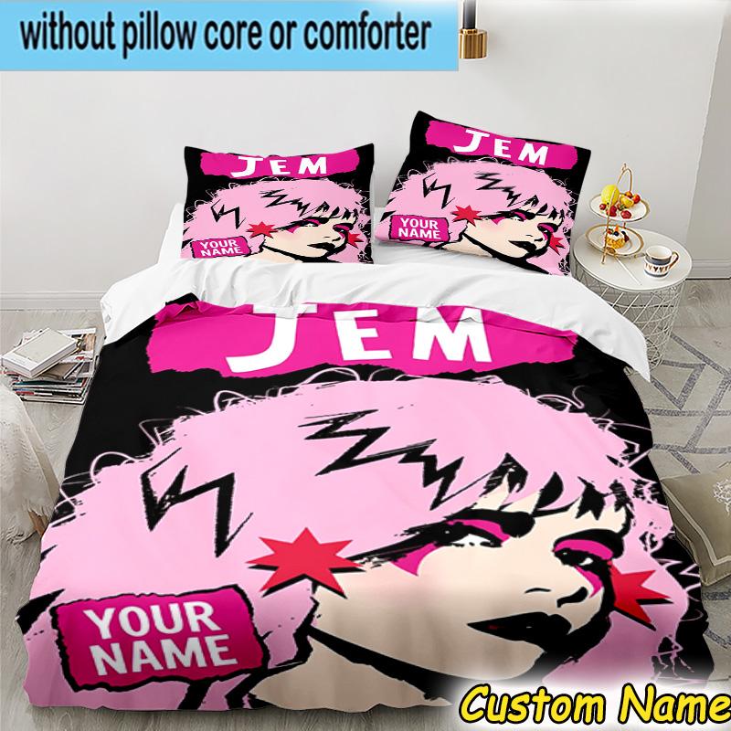 3pcs Custom Name Jem Anime Characters Bedding Set Includes 1 Duvet Cover & 2 Pillowcases for All Seasons Dormitory Home Decor Christmas gifts
