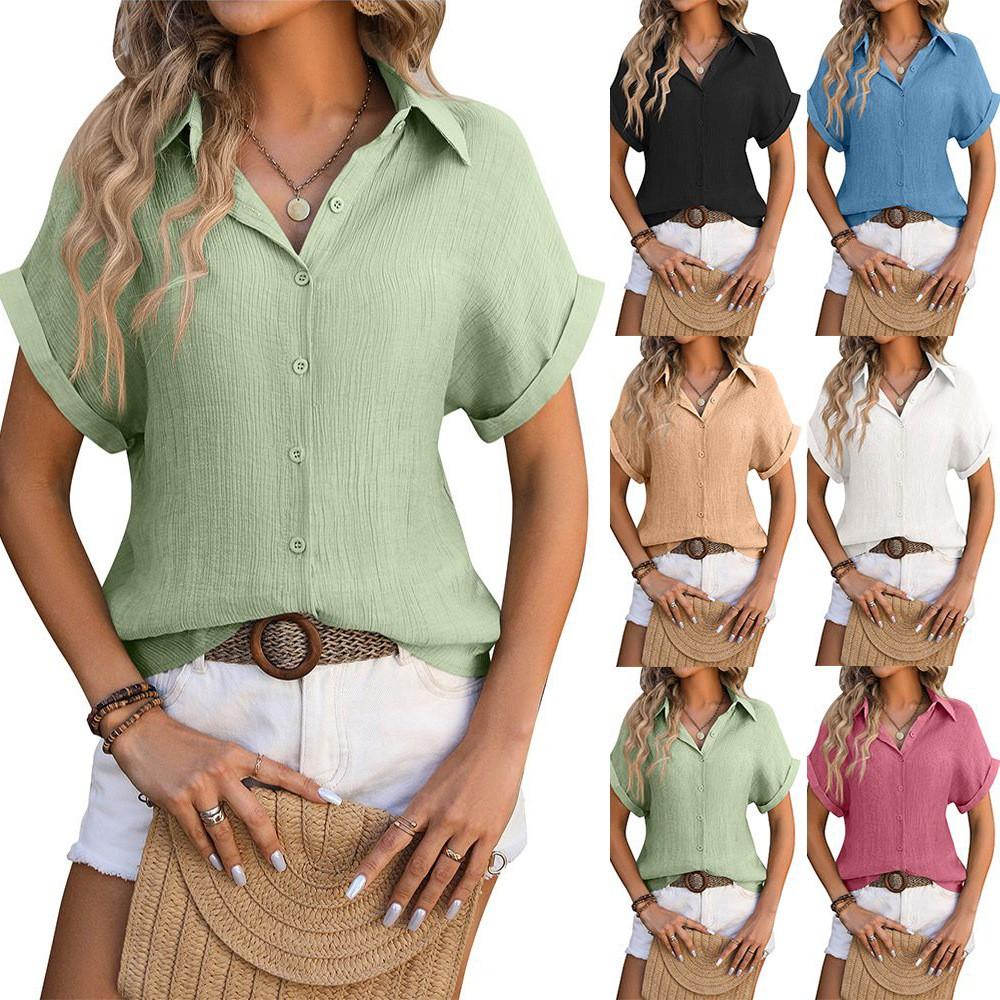 Women's Fashion Solid Color Loose Short Sleeved Casual Pleated Button Up Shirt Top