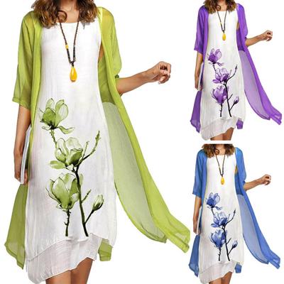 2 шт./компл., весенне-осеннее женское платье-жилет с неровным подолом в стиле ретро, ​​с цветочным принтом, однотонное пальто с короткими рукавами, элегантный наряд