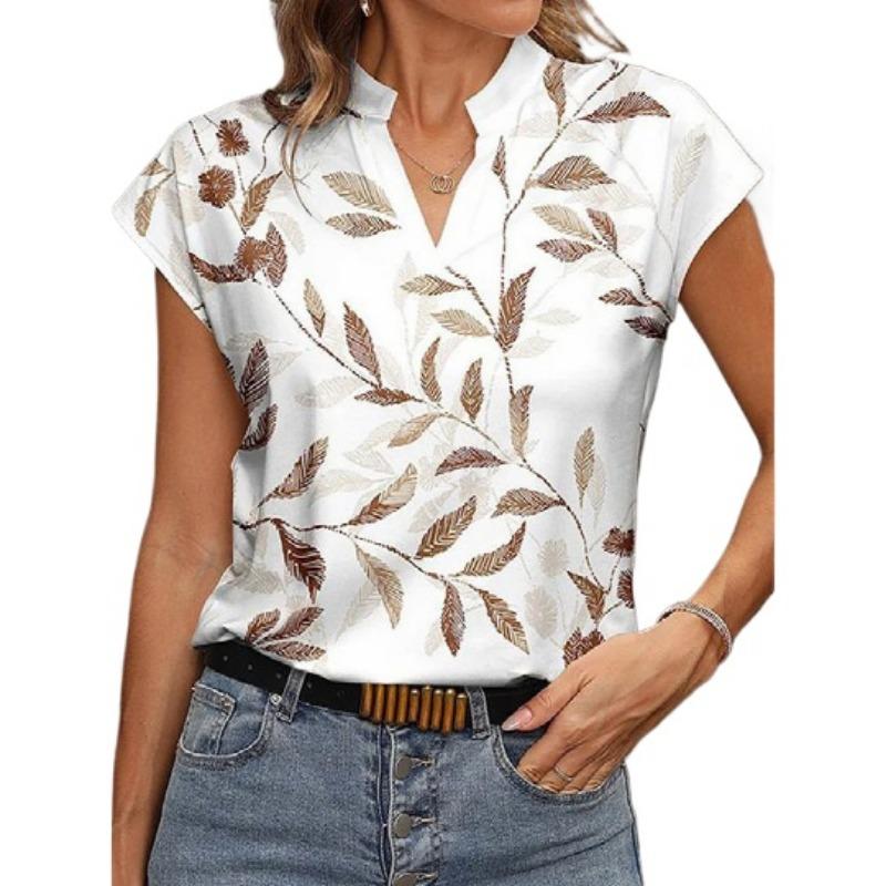 VEZFAA Женская мода повседневная летняя весна листья принт короткий рукав V-образный вырез блузки и рубашки