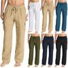Мужские повседневные брюки из хлопка и льна, новые однотонные повседневные брюки со средней талией, однотонные летние рабочие брюки