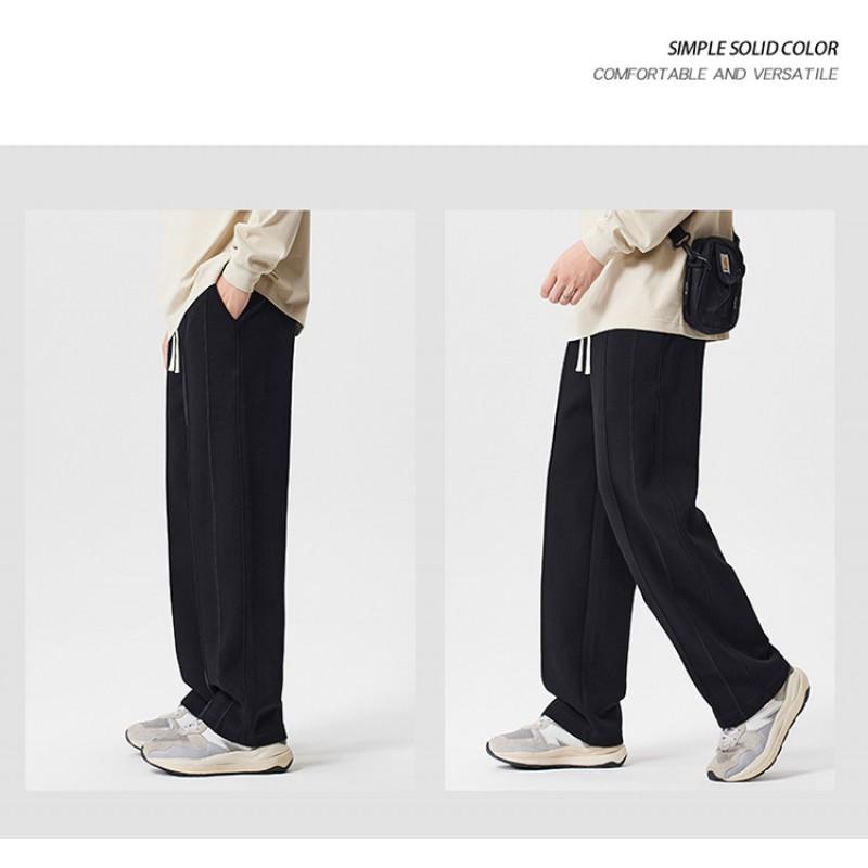 2026 Mens Casual Straight Leg Sweatpants 320g Black Loose Fit Vertical Stripes