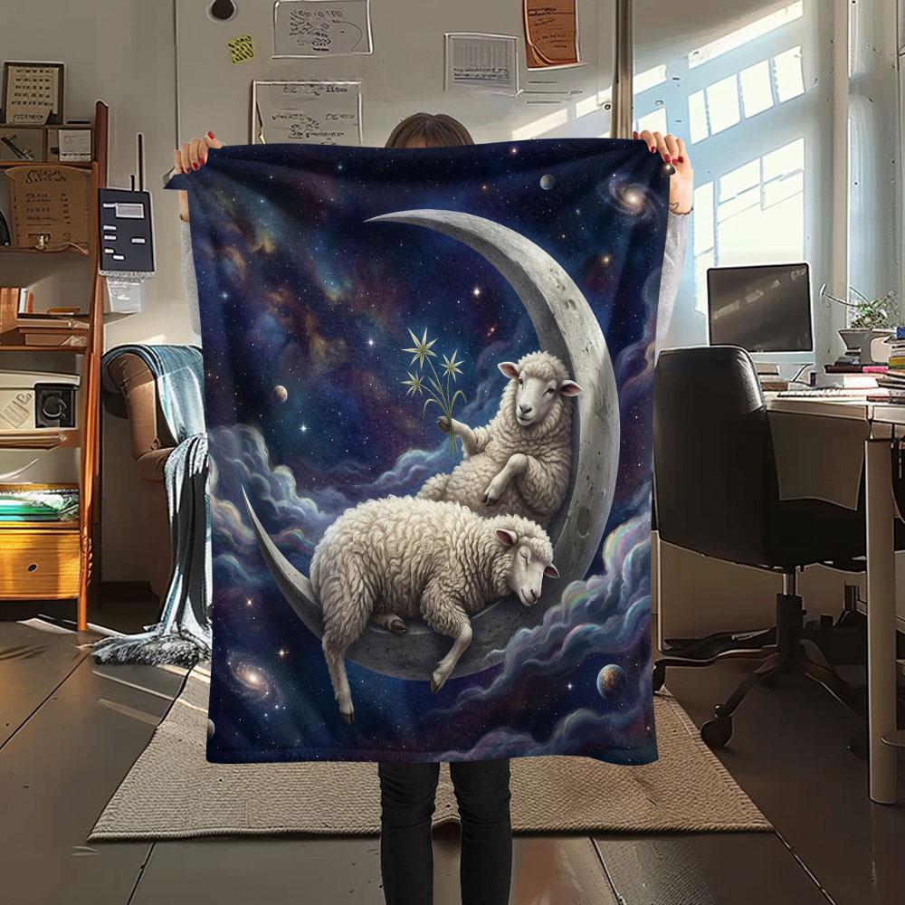 1PC Giraffe Moon Night New Patterned Flannel Blanket High quality All Seasons for Lunch Break Warmth and Comfort Halloween Gifts Ideal Gift