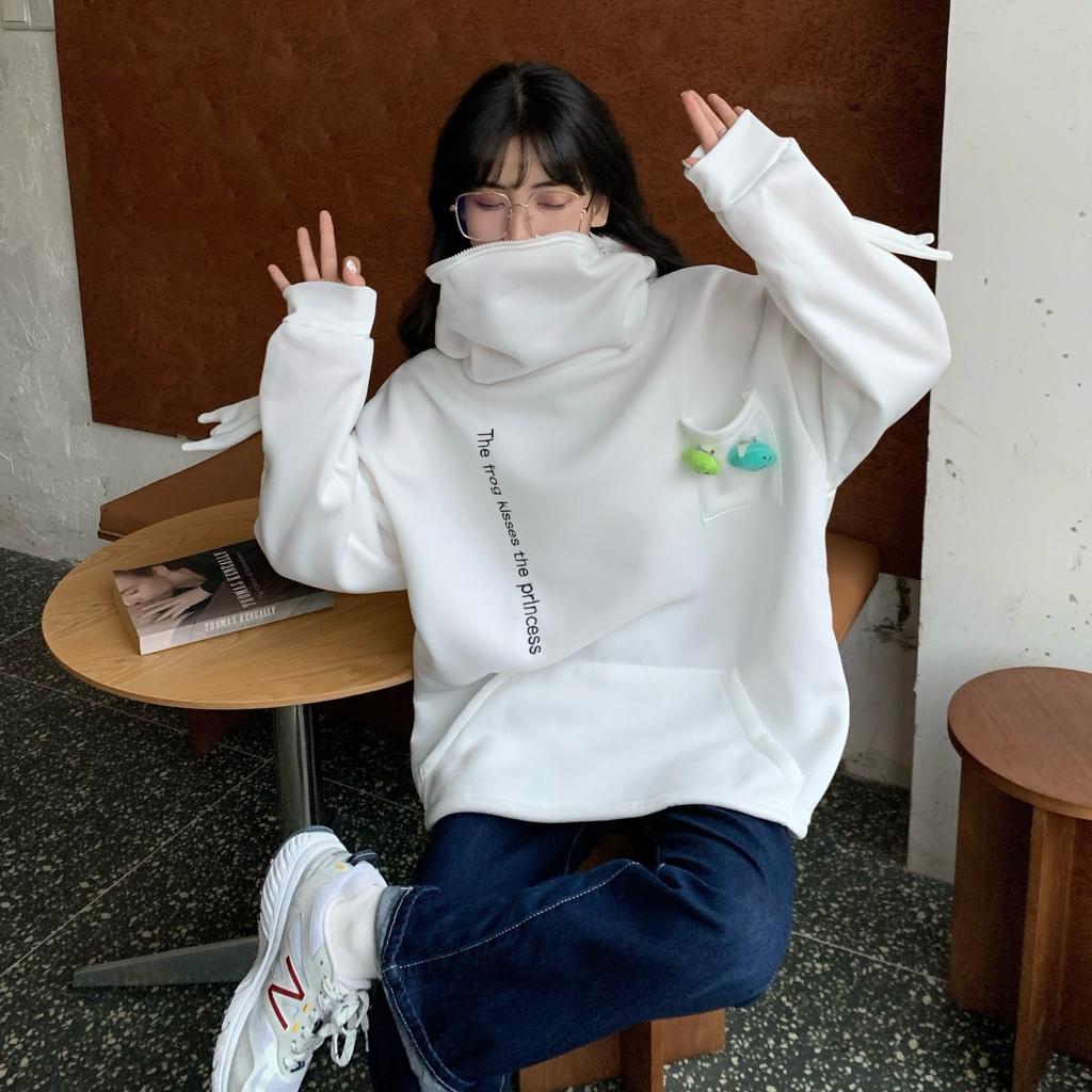 Осенне-зимние пары модный свитер с капюшоном в виде лягушки из утолщенного бархата