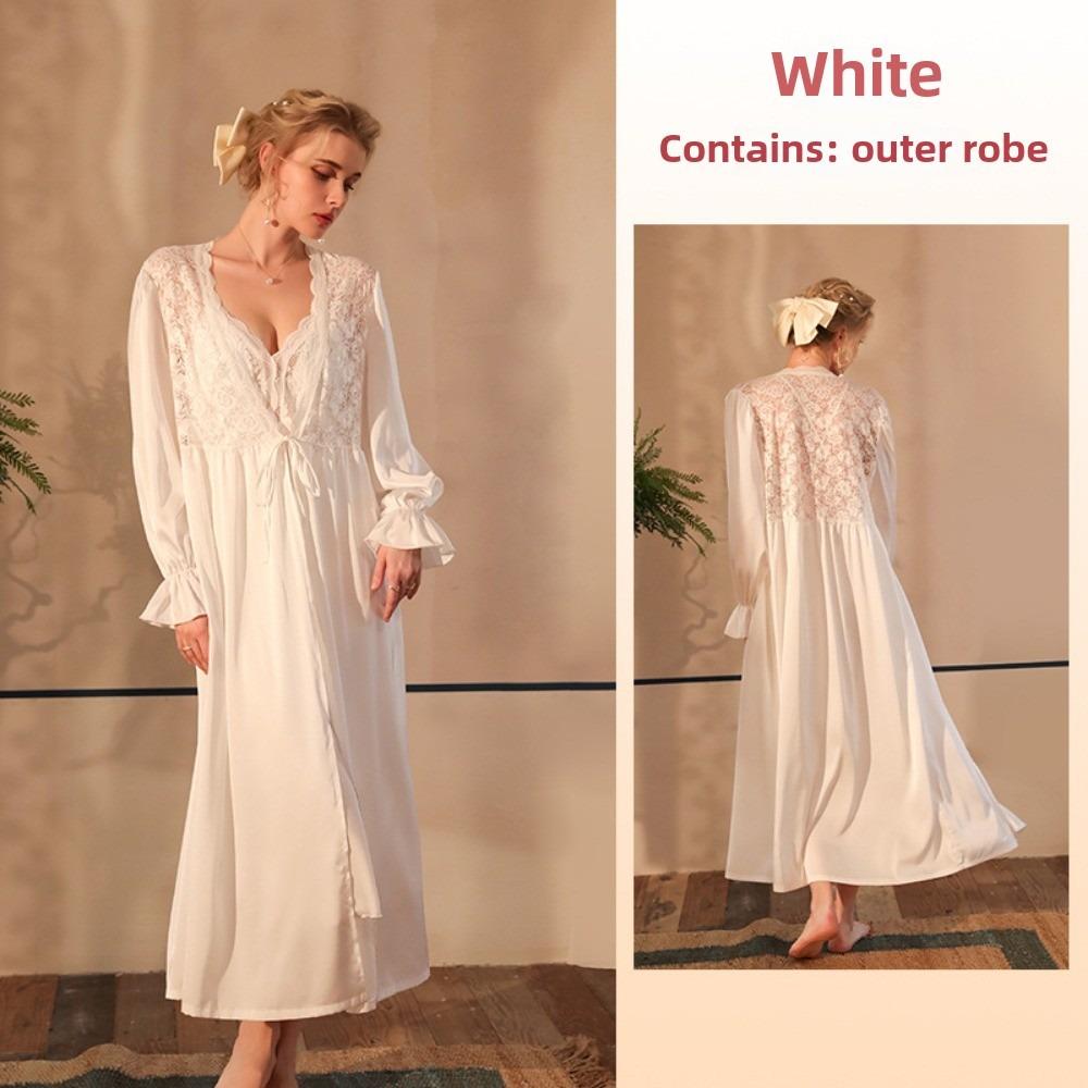 Satin Pajamas Women's Lace Light Luxury Long-sleeved Cool Nightgown Bathrobe Loungewear