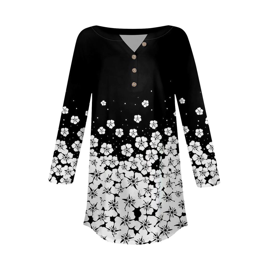 3/4 Length Sleeve Womens Tops Summer T-Shirts Floral Print V Neck Casual Basic Tee Button Shirts Tunic Tops