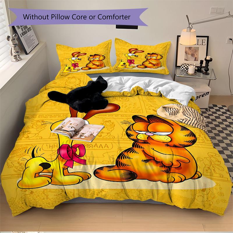 3pcs bedding set Garfield Cartoon Comics Includes 1 Comforter + 2 Pillowcases, Without Pillow Inserts, Soft Comfortable, Lightweight Breatha