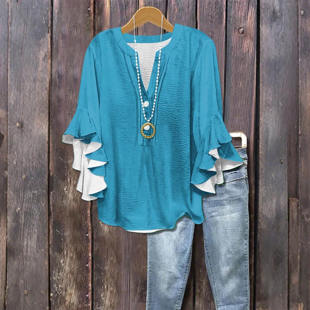 Women's Fashion Casual Button V-Neck Seven Sleeve Vintage Solid Color Shirt Top