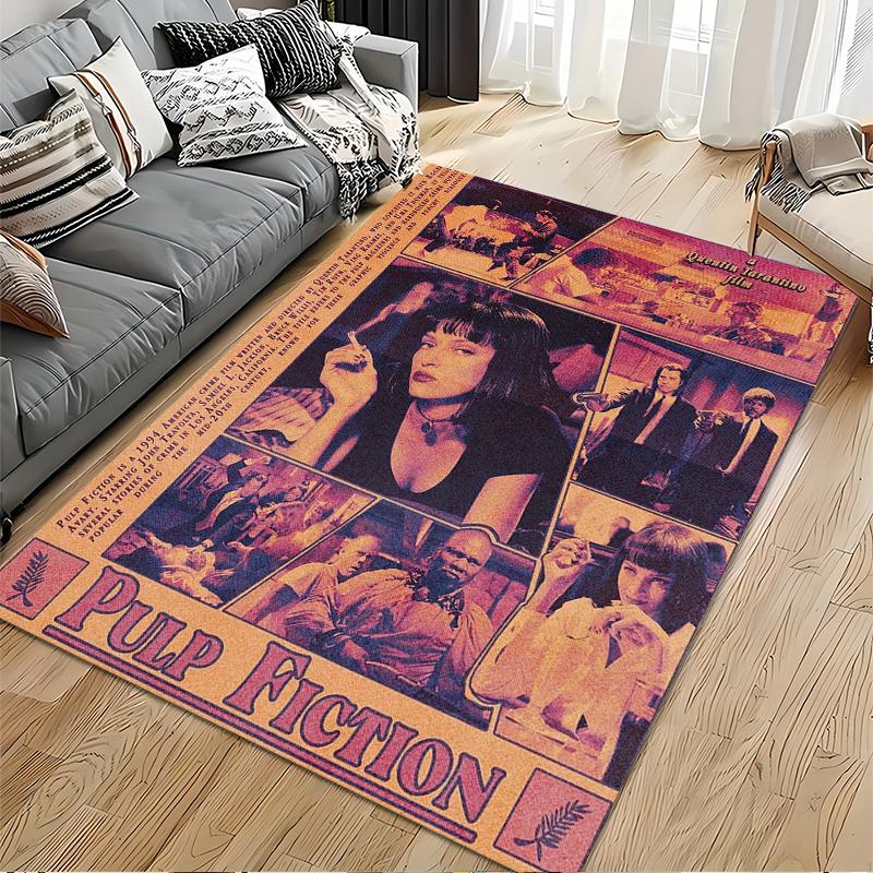 Area Rug, Pulp Fiction 1994 Quentin Tarantino Vintage Newspaper Collage Poster, Living Room Decor, Non-Slip Mat