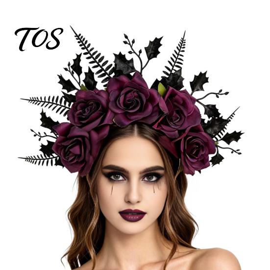 Vintage Rose Crown for Festivals Halloween Headband, Flower Leaf Hair Hoops Bands, Lightweight Floral Headpiece Daily Wear Gothic Hairband Cosplay