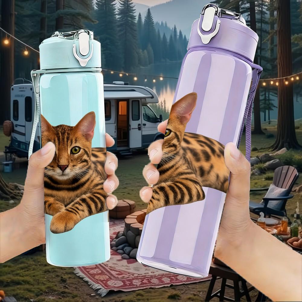 1PC Lying Tabby Tiger Cat 750ml Color Plastic Sports Water Bottle Leakproof Flip Straw Lid Suitable for Sports Office Home Use