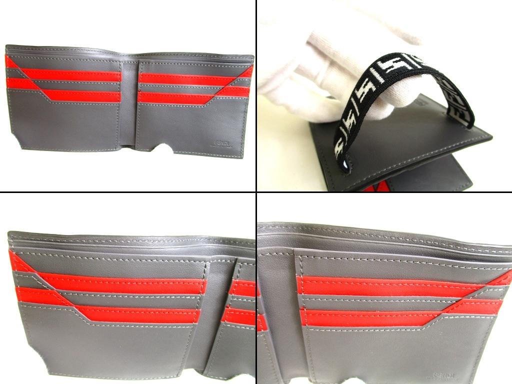 Authentic FENDI Gray Red Leather Bifold Bil Wallet Compact Wallet #b175 Certified - Refurbished