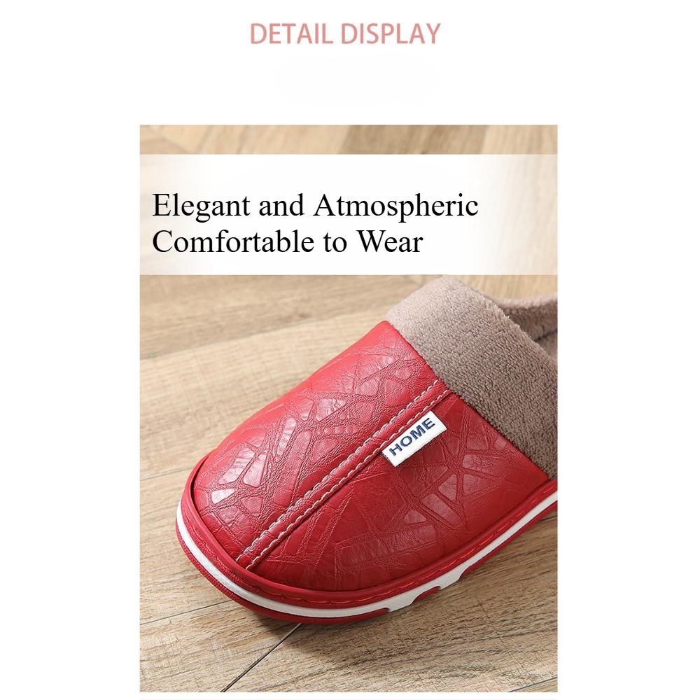 Men Women Waterproof PU Leather Winter Warm Plush Home Shoes House Slippers Indoor Anti-Skid