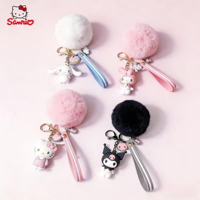 Новые милые брелоки Sanrio Hello Kitty Kuromi Melody Cinnamoroll с пушистым шариком из кроличьего меха, подвески для женской и детской сумки, брелоки, подарки