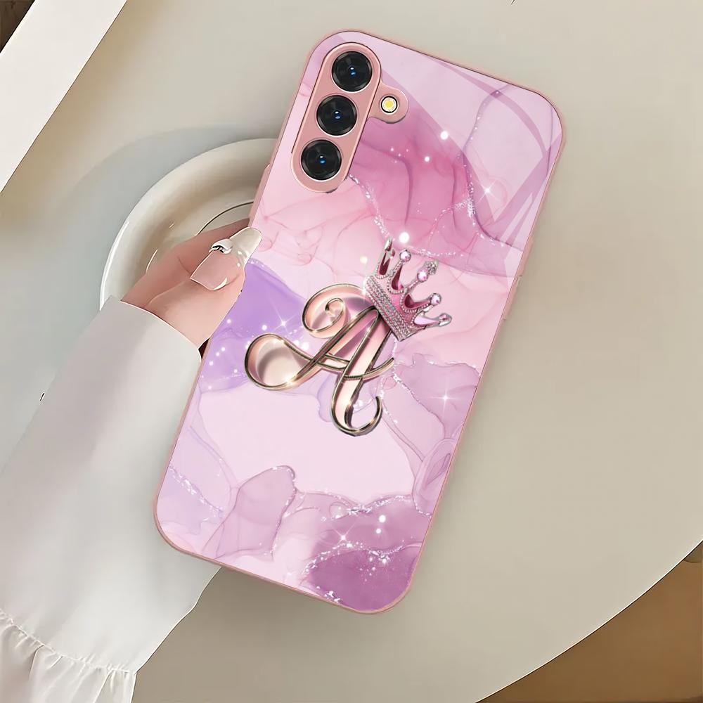 Стеклянный чехол для телефона с дизайном короны и буквы А подходит для Samsung Galaxy S26 S25 S24 S22 S21 S20 FE/Ultra/Plus противоударный