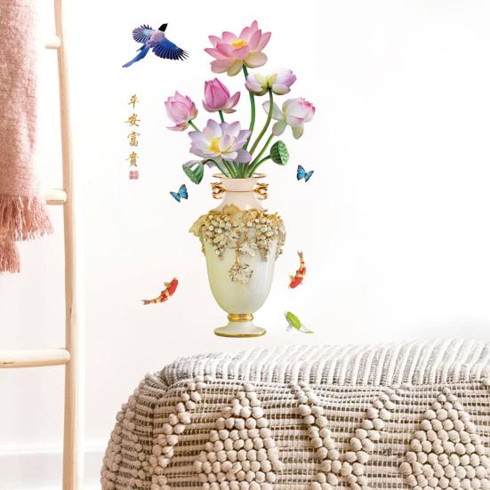 3D Большая ваза Наклейка на стену Цветок лотоса Наклейка Самоклеящаяся Сильная Липкость Водонепроницаемая