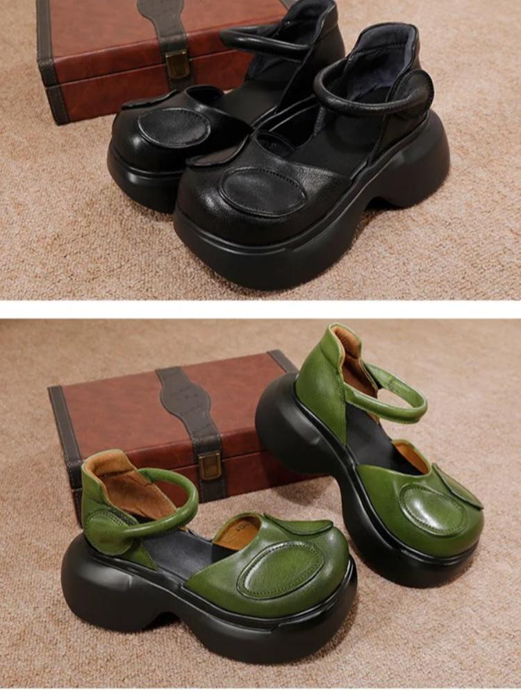 Johnature Сандалии Мэри Джейн с круглым носком на толстой подошве из натуральной кожи, удобная женская обувь