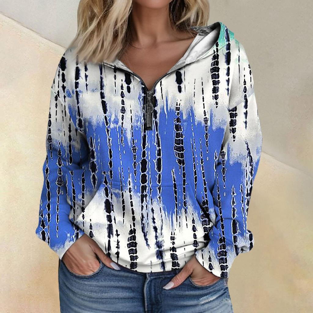 Women's Fashion Printing Long Sleeve Loose Half Zippered Hoodie With Pockets