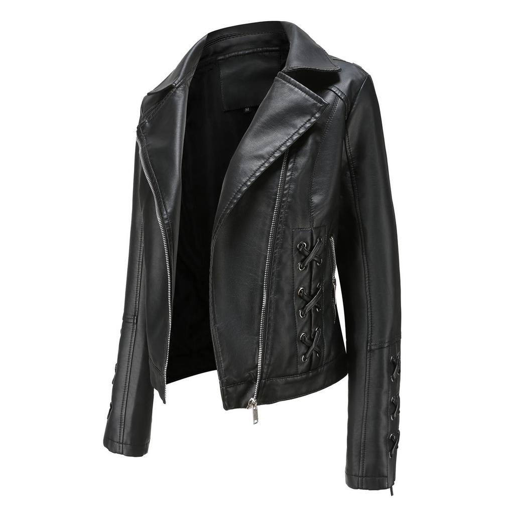 Women Turn Down Collar Long Sleeve Woven Lace Up Solid Color Leather Pu Jacket S-4XL