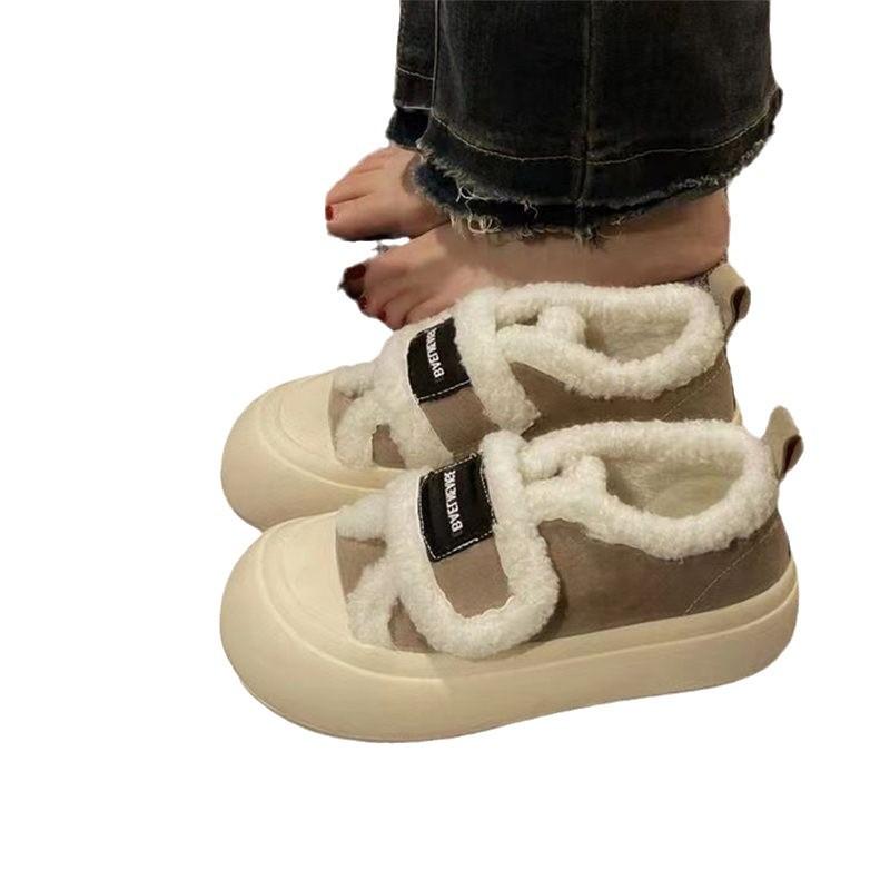 Липучки маленькие белые туфли женские новые плюшевые теплые шерстяные хлопковые туфли платформа маффин доска туфли осень и зима 2025