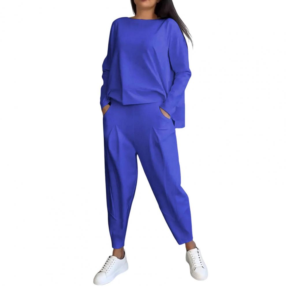 Spring Summer Autumn Suit Elegant Women's Top Pants Set with Long Sleeves O Neck T-shirt Elastic Waist for Fall for Office