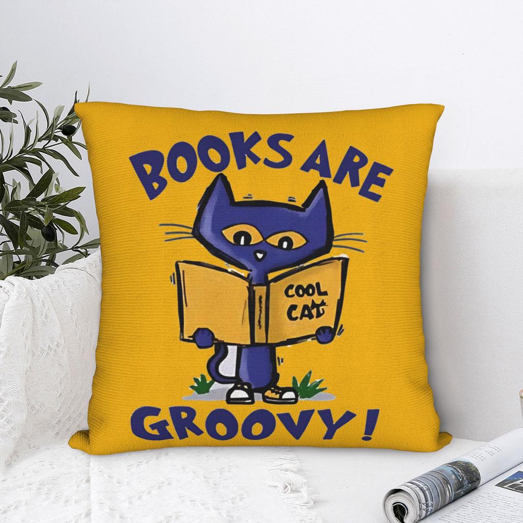 Petes the cat Books Are Groovy Square Pillow Cases Cute Kitten Cap Cushion Covers Zippered Decorative Pillowcase for Seat