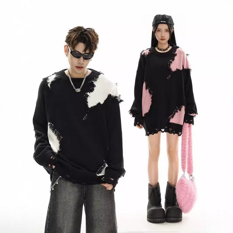 Streetwear Distressed Knit Sweater Retro Couple Hip Hop Style Loose Fit Pullover Teens