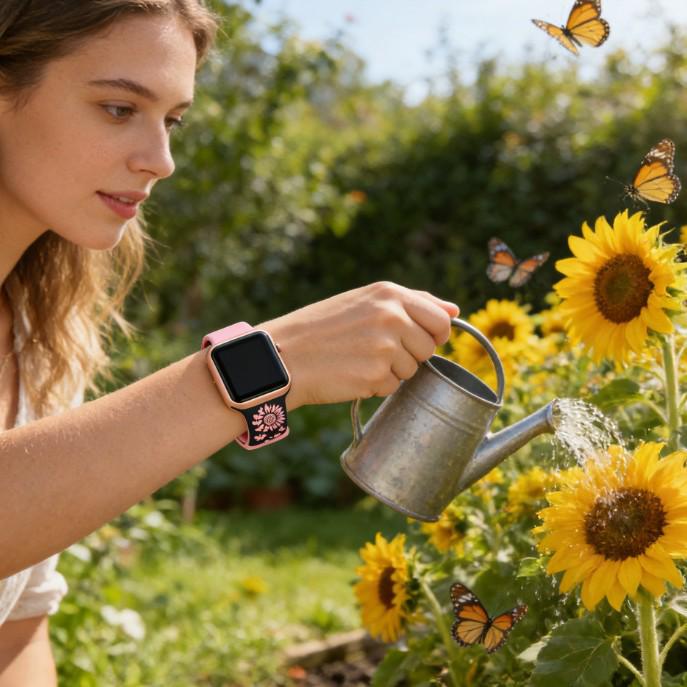 Двухцветный силиконовый ремешок для Apple Watch с лазерной гравировкой бабочки и цветов